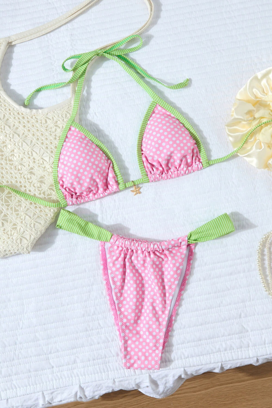 Pink Polka Dot Polyester Bikini Set with Starfish Charm-Bikini Set-Bellascena-bellascena