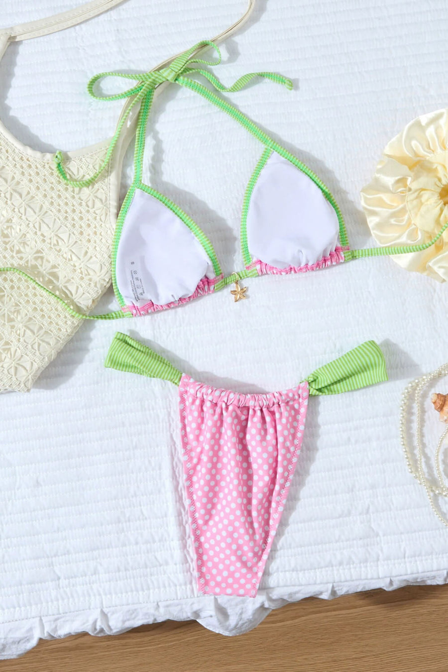 Pink Polka Dot Polyester Bikini Set with Starfish Charm-Bikini Set-Bellascena-bellascena