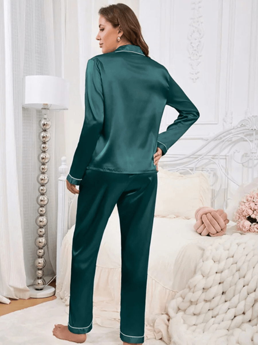 Pink Satin Pajama Set with Black Piping & Heart Detail-Pajama Set-Bellascena-bellascena