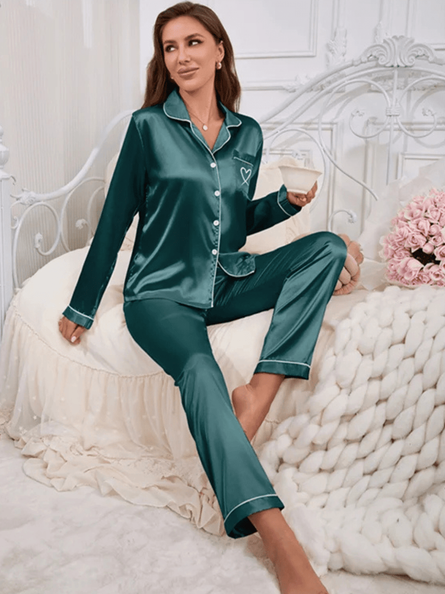 Pink Satin Pajama Set with Black Piping & Heart Detail-Pajama Set-Bellascena-bellascena