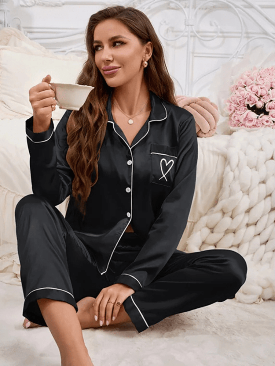 Pink Satin Pajama Set with Black Piping & Heart Detail-Pajama Set-Bellascena-bellascena