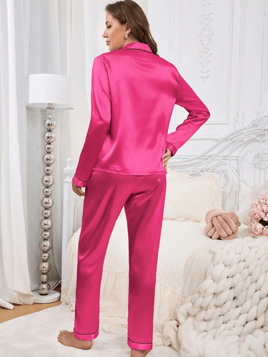 Pink Satin Pajama Set with Black Piping & Heart Detail-Pajama Set-Bellascena-bellascena