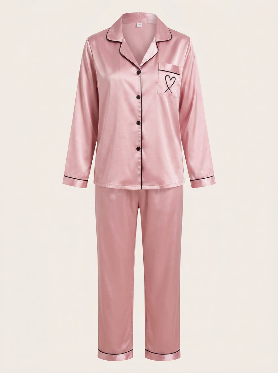 Pink Satin Pajama Set with Black Piping & Heart Detail-Pajama Set-Bellascena-Black-S-bellascena