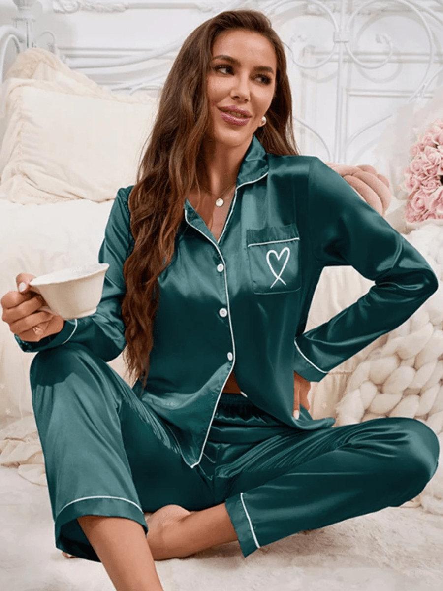 Pink Satin Pajama Set with Black Piping & Heart Detail-Pajama Set-Bellascena-Dark Green-S-bellascena
