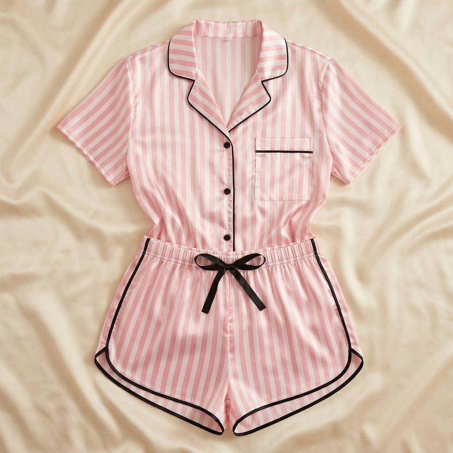 Pink and White Satin Pajama Set with Piping Detail-Pajama Set-Bellascena-bellascena