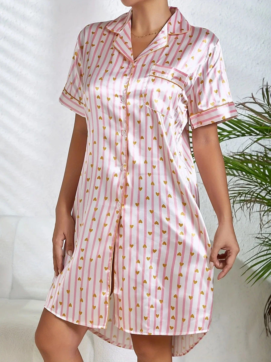 Pink and White Striped Satin Nightgown with Gold Heart Accents-Nightgown-Bellascena-bellascena