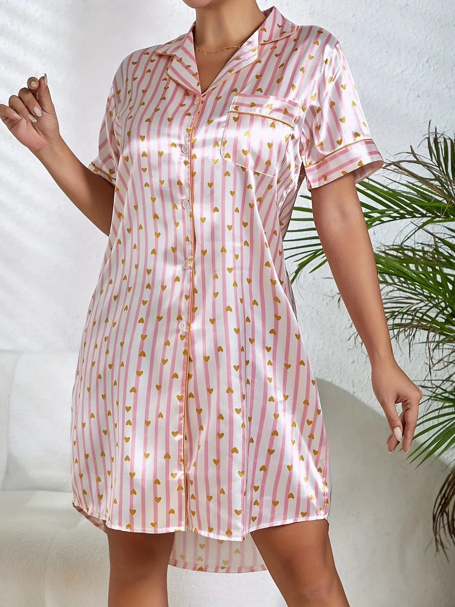Pink and White Striped Satin Nightgown with Gold Heart Accents-Nightgown-Bellascena-bellascena