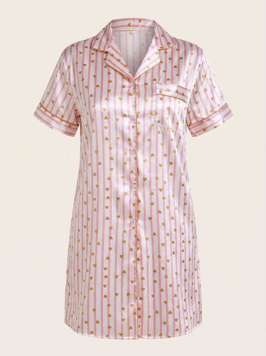 Pink and White Striped Satin Nightgown with Gold Heart Accents-Nightgown-Bellascena-bellascena