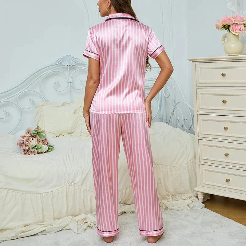Pink and White Striped Satin Pajama Set with Black Piping-Pajama Set-Bellascena-bellascena