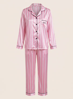Pink and White Striped Satin Pajama Set with Black Piping-Pajama Set-Bellascena-Pink Black-S-bellascena