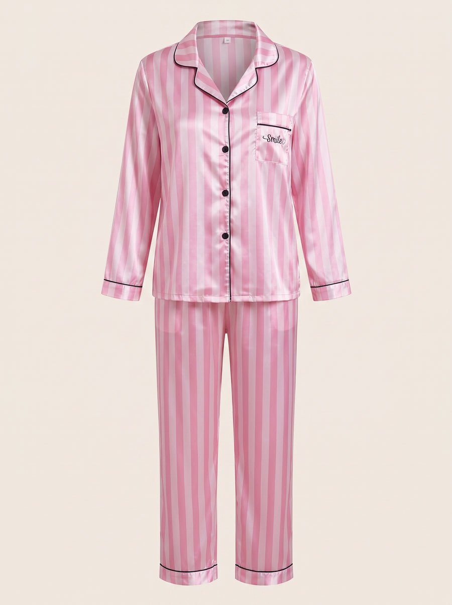 Pink and White Striped Satin Pajama Set with Black Piping-Pajama Set-Bellascena-Pink Black-S-bellascena