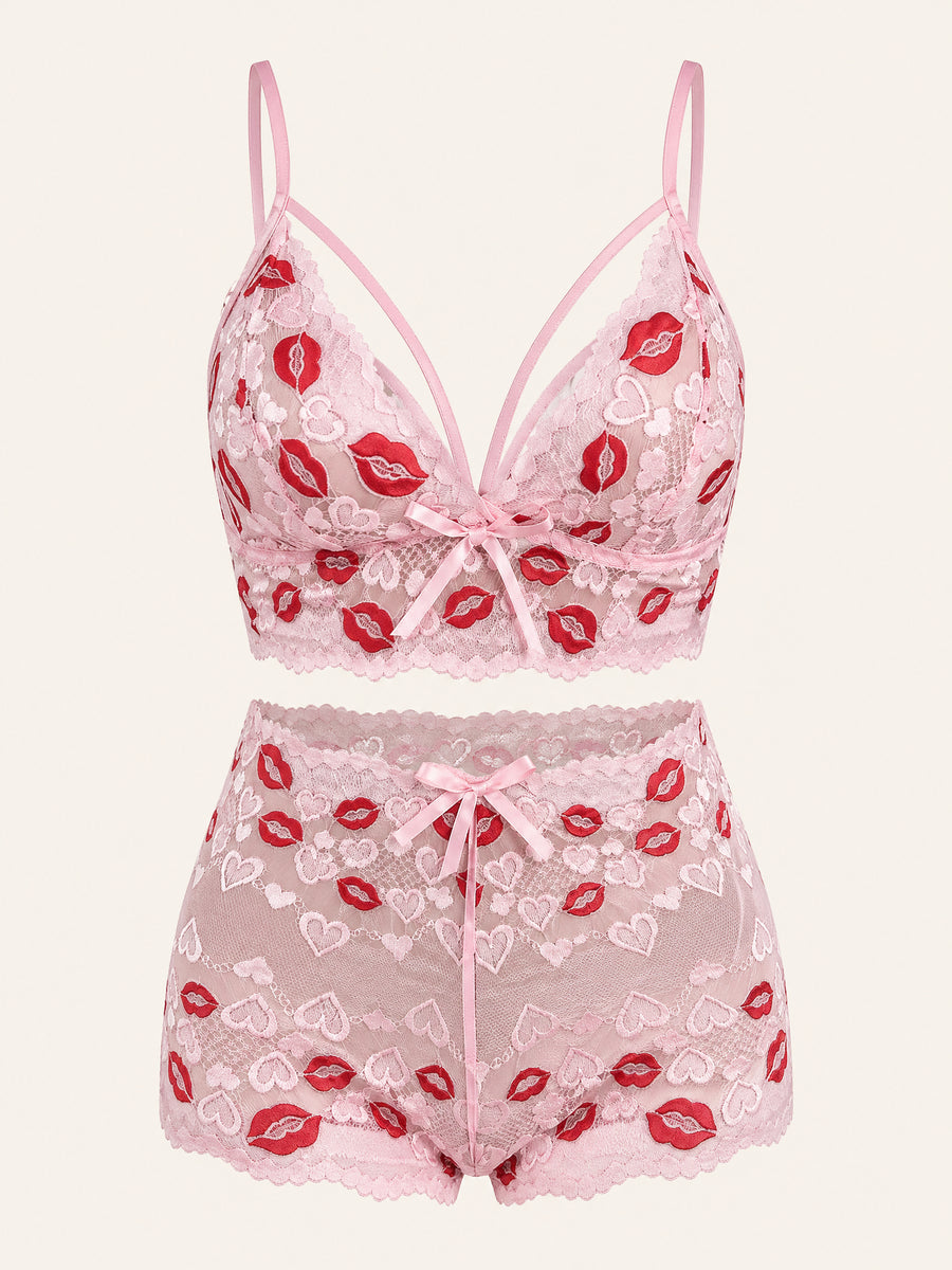 Pink with Red Lips and Hearts Lace Sheer Sleepwear Set-Pajama Set-Bellascena-bellascena