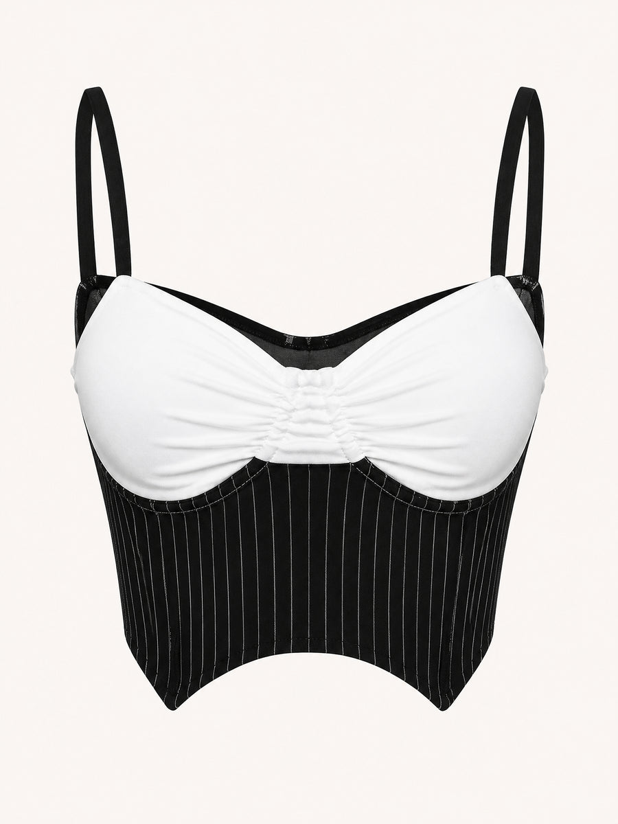Pinstripe Black and White Polyester Corset Top with Strappy Detail-Corset-Bellascena-Black-S-bellascena