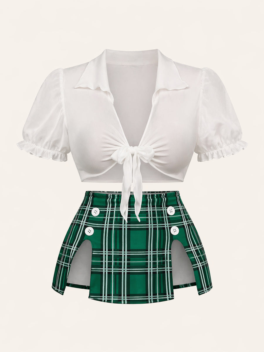 Plaid Green Cotton Lingerie Set with Strappy Tie Front-Lingerie Set-Bellascena-Green-S-bellascena