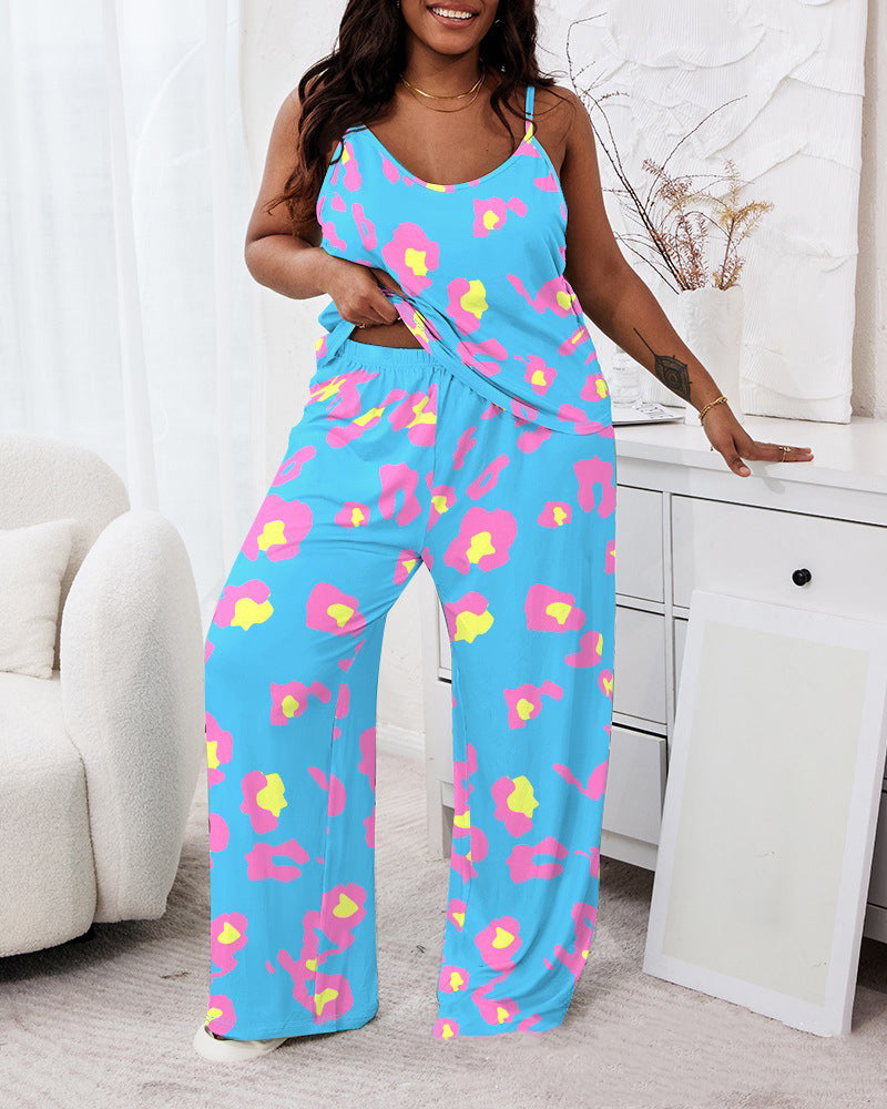 Plus Size Abstract Multicolor Cotton Pajama Set with Sleeveless Cami-Pajama Set-Bellascena-Blue-XL-bellascena