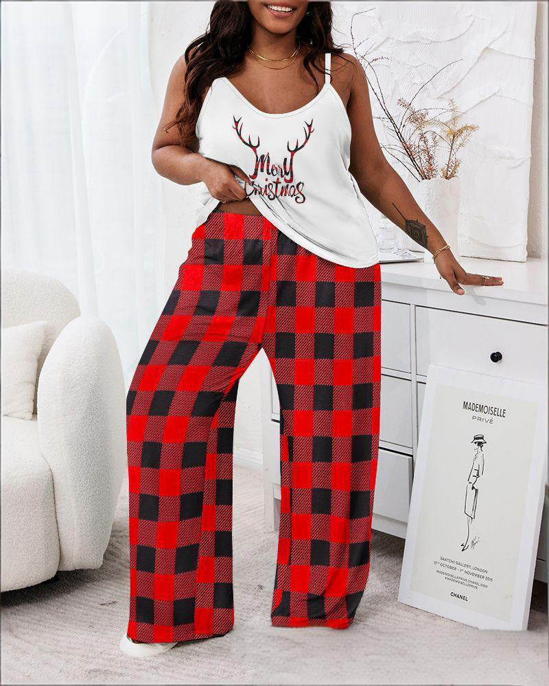 Plus Size Abstract Multicolor Cotton Pajama Set with Sleeveless Cami-Pajama Set-Bellascena-Red Plaid-XL-bellascena