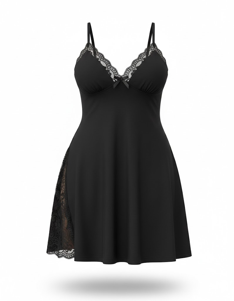 Plus Size Black Cotton Nightgown with Lace Trim-Nightgown-Bellascena-bellascena