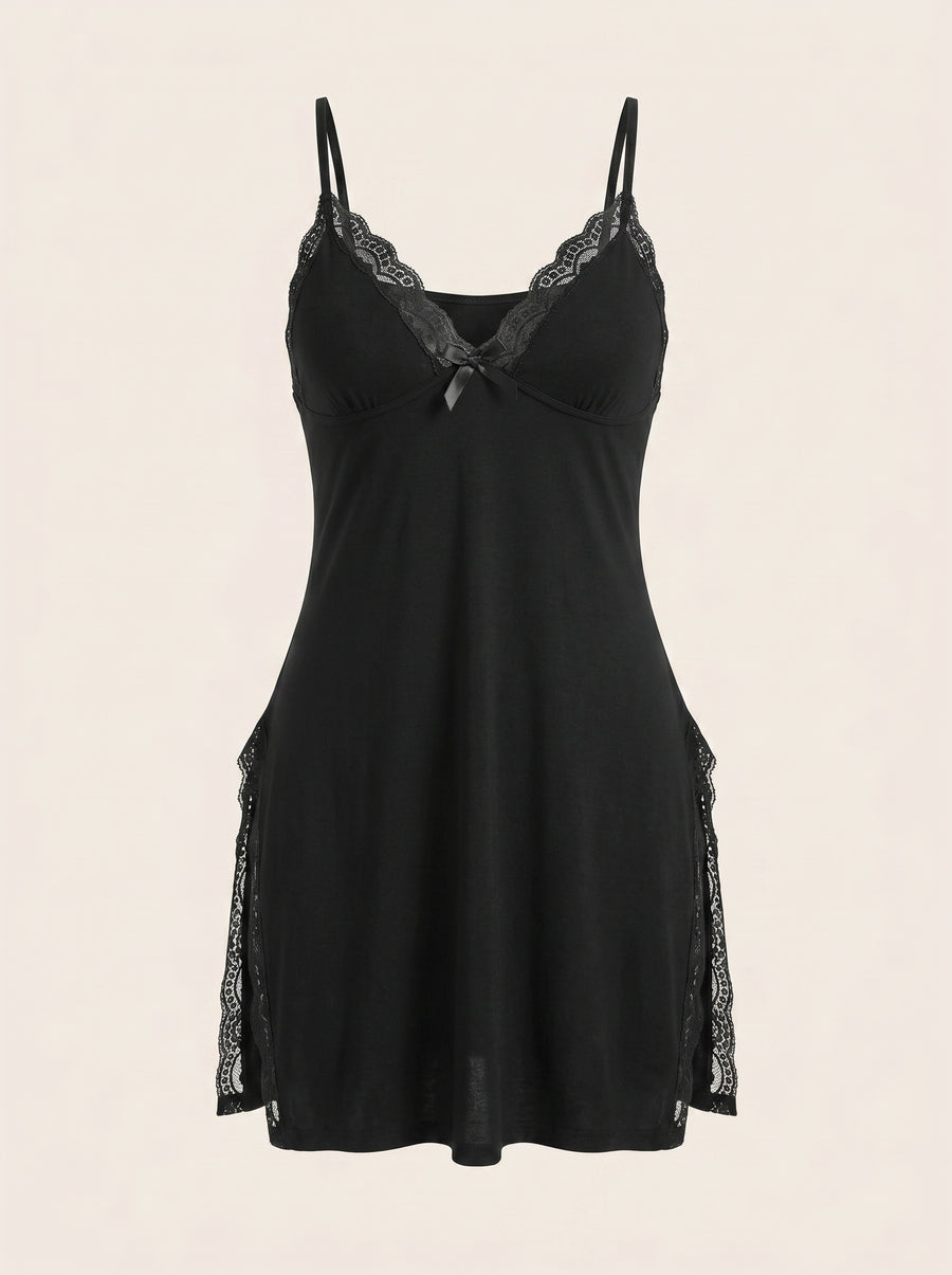 Plus Size Black Cotton Nightgown with Lace Trim-Nightgown-Bellascena-Black-XL-bellascena