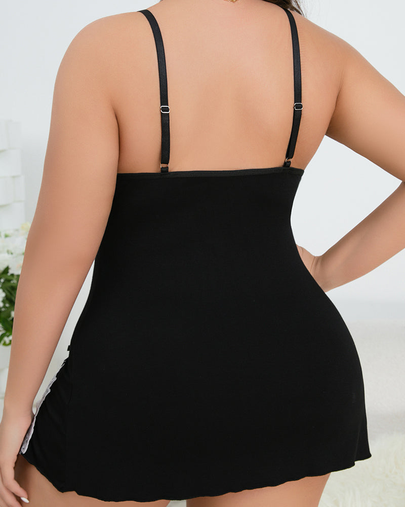 Plus Size Black Cotton Nightgown with Lace Trim and Side Slits-Nightgown-Bellascena-bellascena