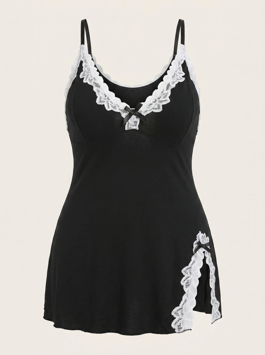 Plus Size Black Cotton Nightgown with Lace Trim and Side Slits-Nightgown-Bellascena-Black-S-bellascena