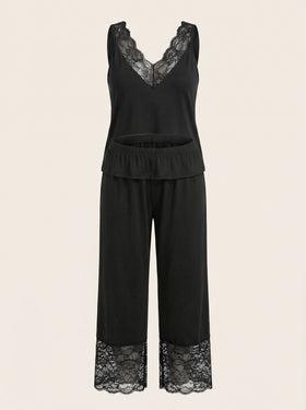 Plus Size Black Cotton Two Piece Pants Set with Lace Trim-Pajama Set-Bellascena-Black-XL-bellascena