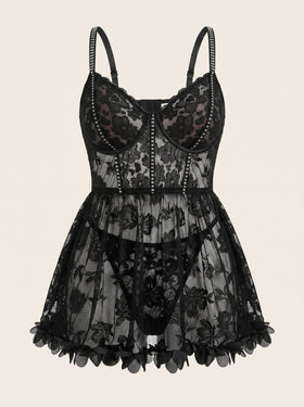 Plus Size Black Floral Lace Cami Dress with Open Back Detail-Lingerie Set-Bellascena-Black-XL-bellascena