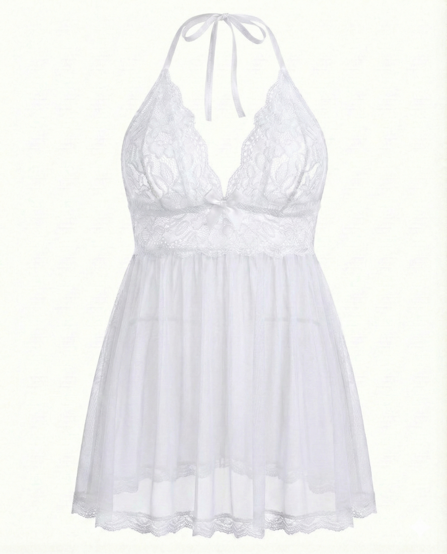 Plus Size Black Lace Babydoll with Scalloped Edges-Lingerie Set-Bellascena-bellascena