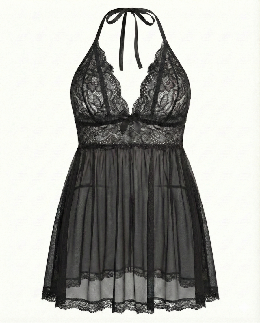 Plus Size Black Lace Babydoll with Scalloped Edges-Lingerie Set-Bellascena-bellascena