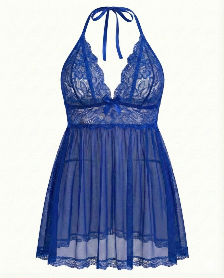 Plus Size Black Lace Babydoll with Scalloped Edges-Lingerie Set-Bellascena-bellascena