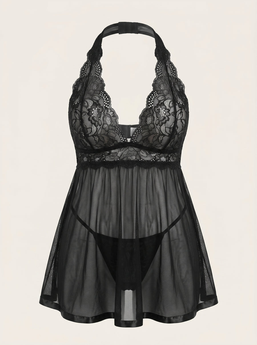 Plus Size Black Lace Babydoll with Scalloped Edges-Lingerie Set-Bellascena-Black-L-bellascena