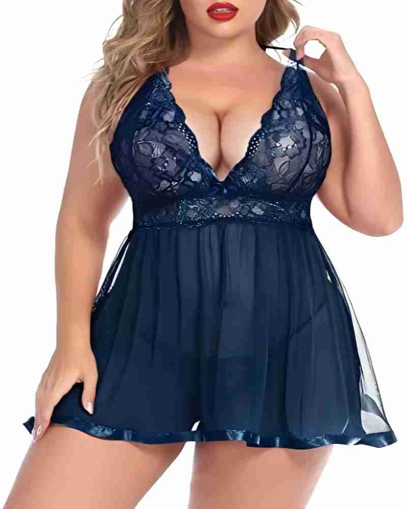 Plus Size Black Lace Babydoll with Scalloped Edges-Lingerie Set-Bellascena-Navy Blue-L-bellascena