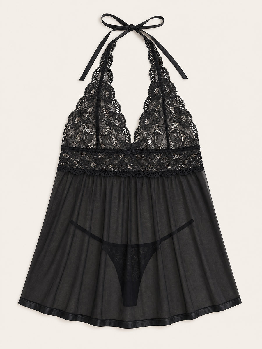 Plus Size Black Lace Babydoll with Sheer Strappy Design-Nightgown-Bellascena-bellascena