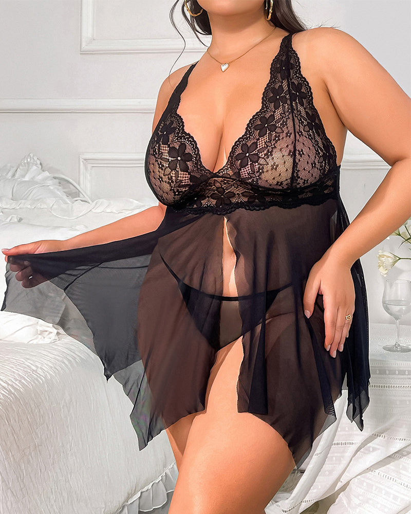 Plus Size Black Lace Chemise Set with Panty-Nightgown-Bellascena-bellascena