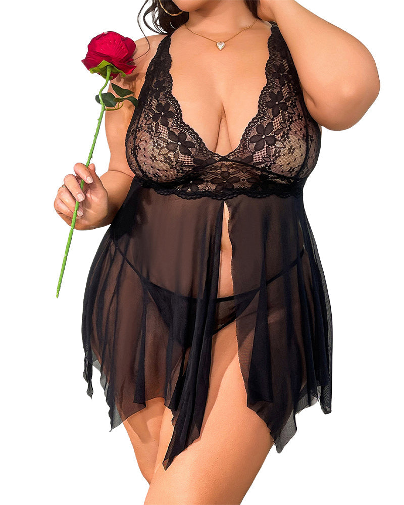 Plus Size Black Lace Chemise Set with Panty-Nightgown-Bellascena-bellascena