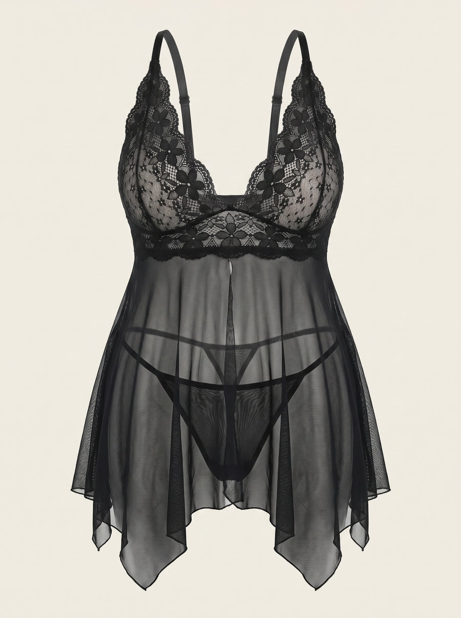 Plus Size Black Lace Chemise Set with Panty-Nightgown-Bellascena-Black-XL-bellascena