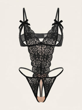 Plus Size Black Lace Jumpsuit Sleepwear with Hollow Cutout-Lingerie Set-Bellascena-Black-XL-bellascena