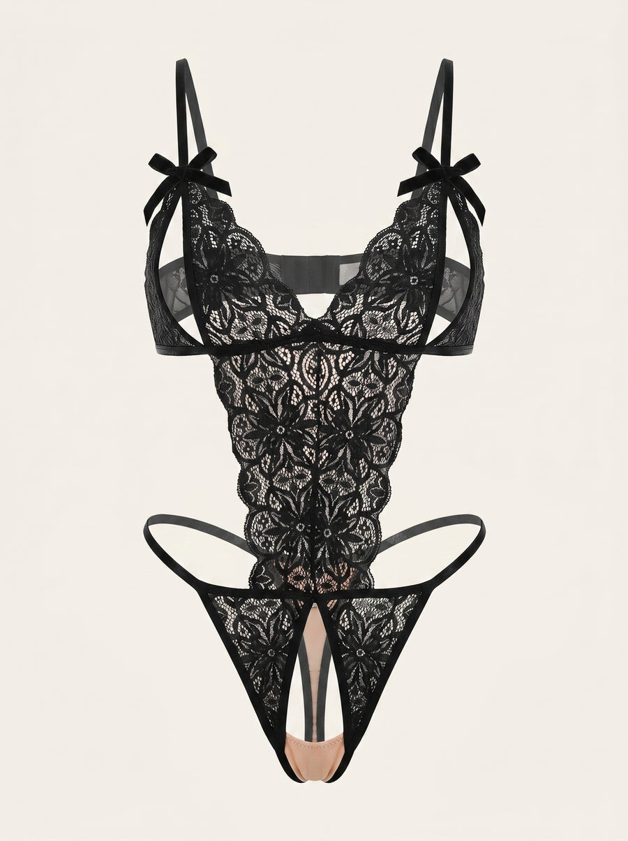 Plus Size Black Lace Jumpsuit Sleepwear with Hollow Cutout-Lingerie Set-Bellascena-Black-XL-bellascena