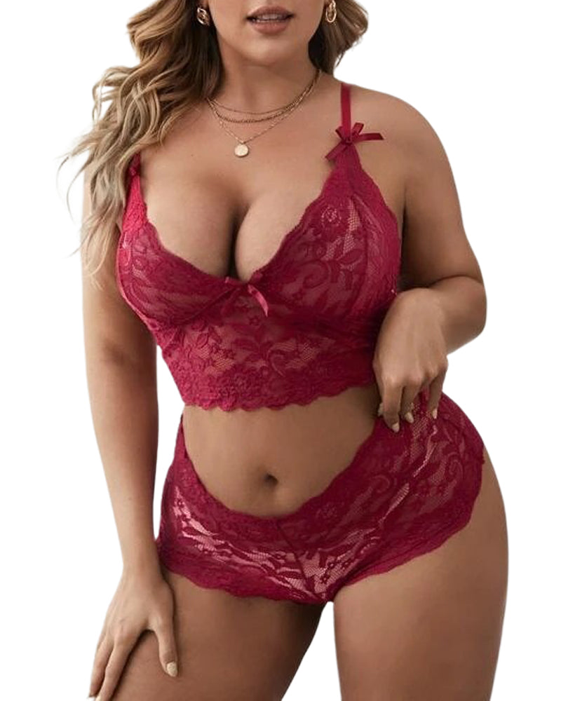 Plus Size Black Lace Lingerie Set with Sheer Strappy Detail-Lingerie Set-Bellascena-bellascena