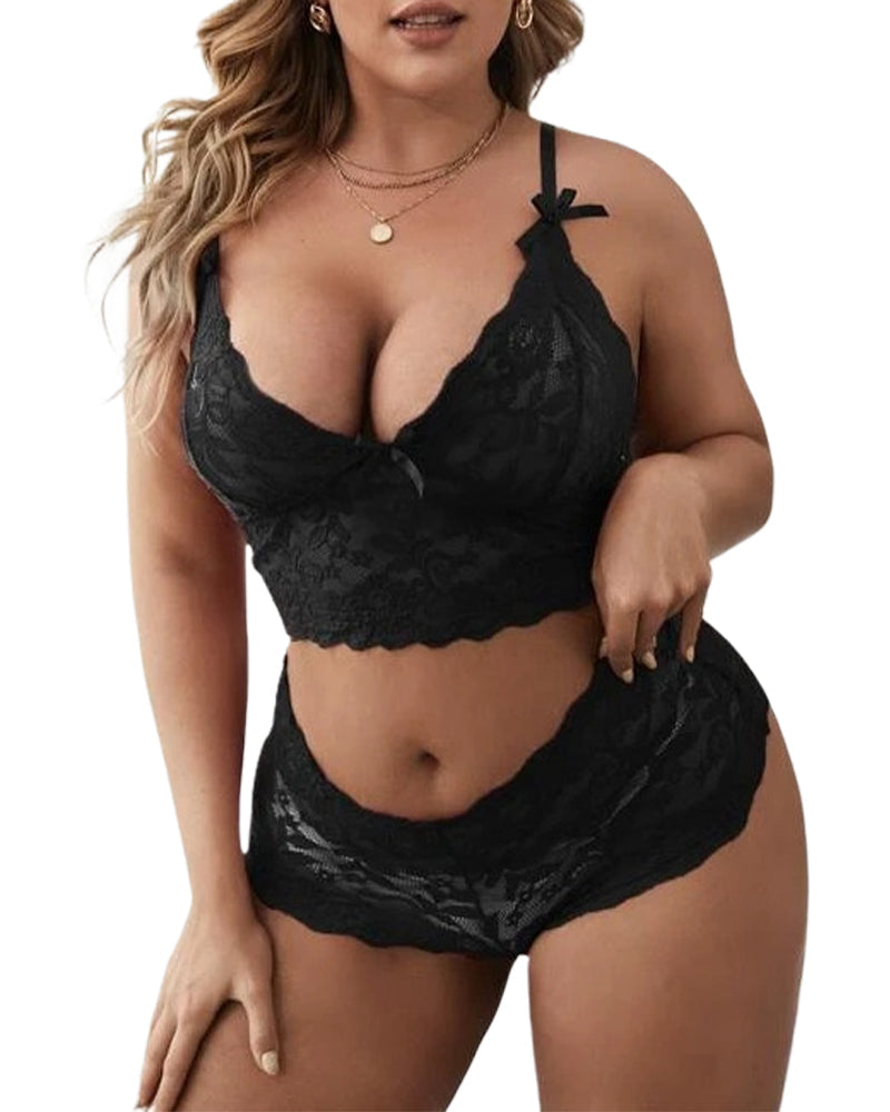Plus Size Black Lace Lingerie Set with Sheer Strappy Detail-Lingerie Set-Bellascena-bellascena