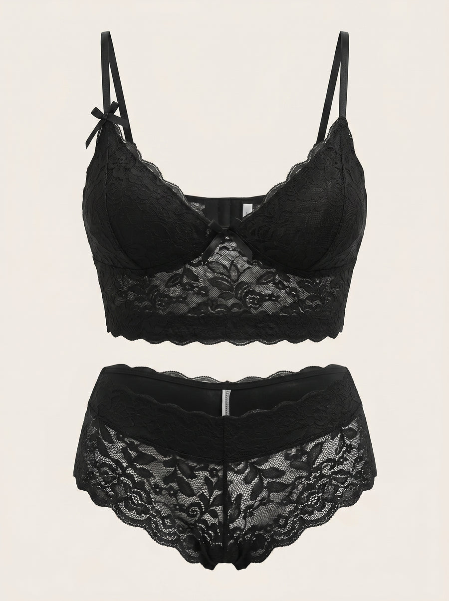 Plus Size Black Lace Lingerie Set with Sheer Strappy Detail-Lingerie Set-Bellascena-Black-XL-bellascena