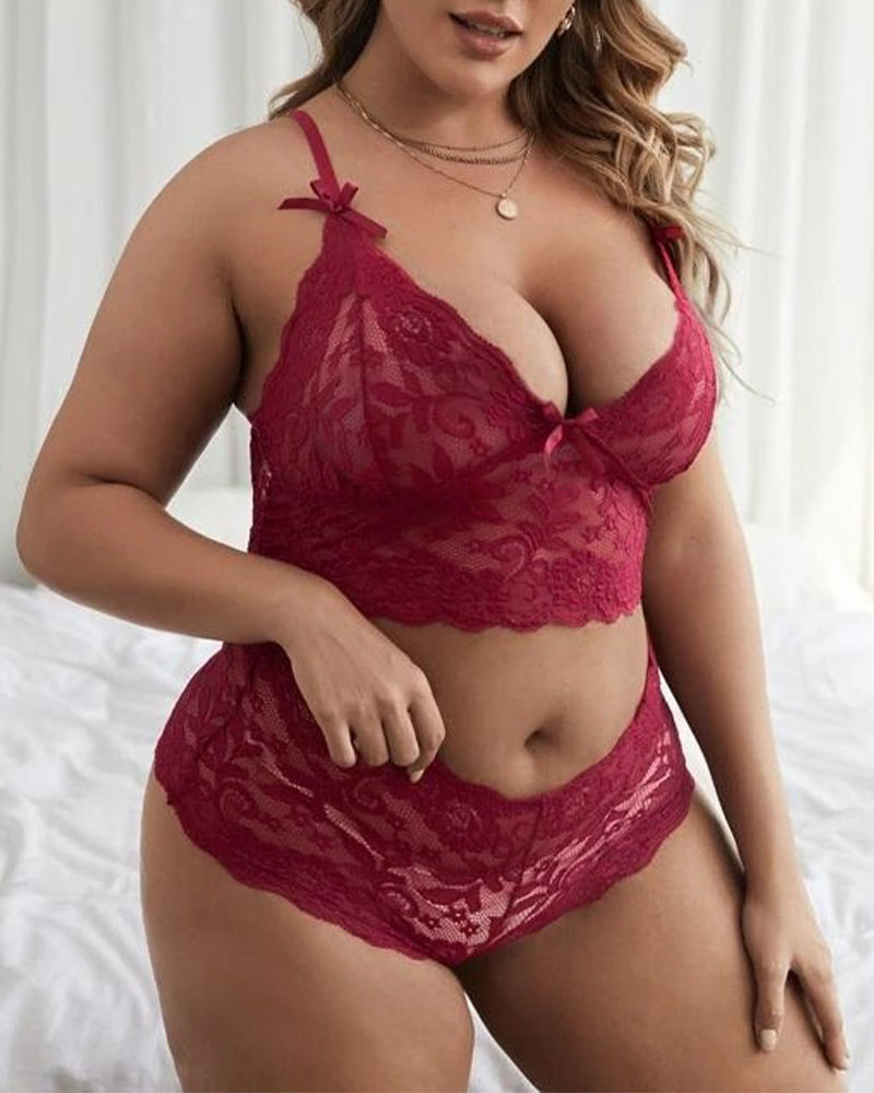 Plus Size Black Lace Lingerie Set with Sheer Strappy Detail-Lingerie Set-Bellascena-Wine Red-XL-bellascena