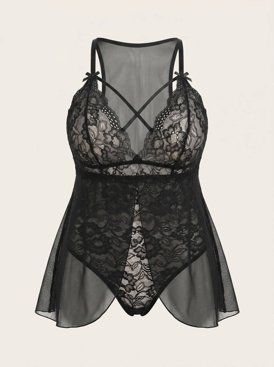 Plus Size Black Lace Nightgown with Strappy Detail-Bodysuit-Bellascena-Black-XL-bellascena