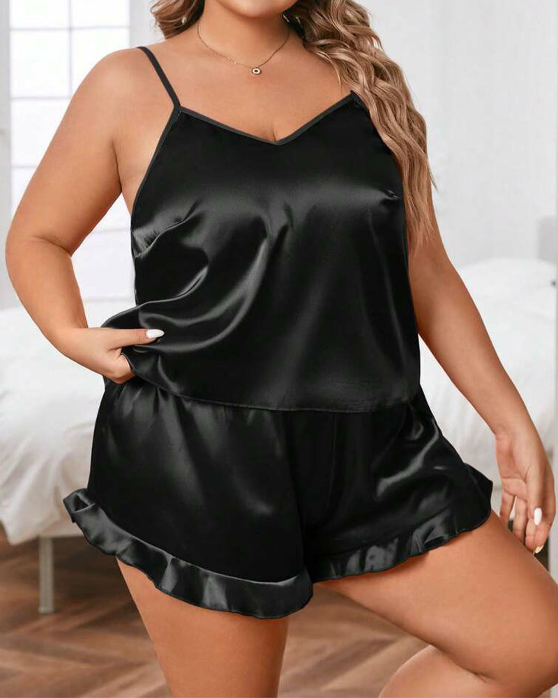 Plus Size Black Satin Pajama Set with Ruffle Shorts-Pajama Set-Bellascena-bellascena