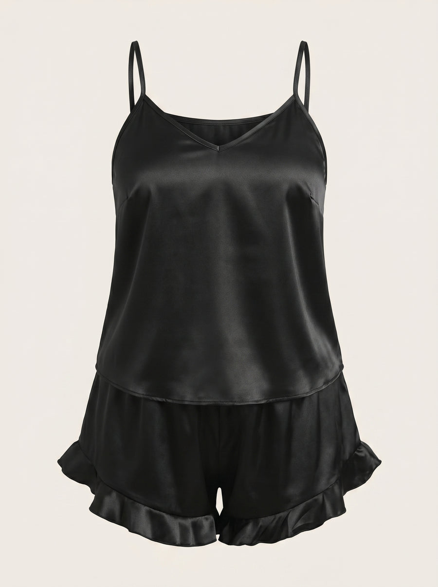 Plus Size Black Satin Pajama Set with Ruffle Shorts-Pajama Set-Bellascena-Black-XL-bellascena