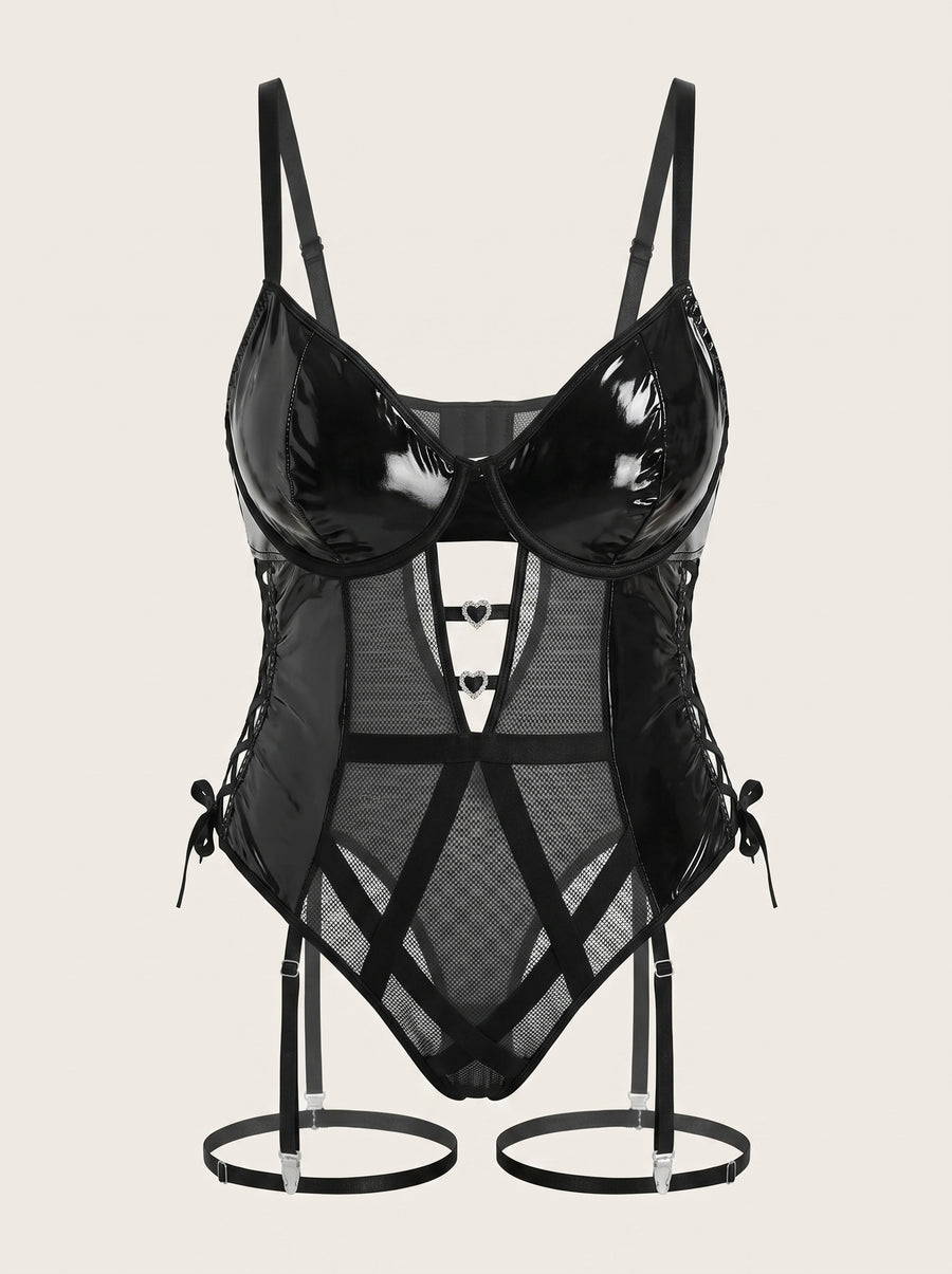 Plus Size Black Vinyl Bodysuit with Strappy Cutouts-Bodysuit-Bellascena-Black-XL-bellascena