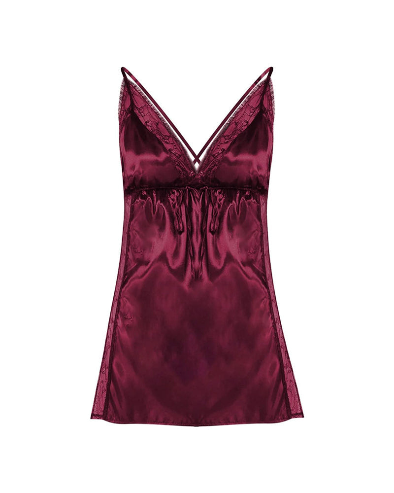 Plus Size Burgundy Satin Babydoll Nightdress with Lace Details-Nightgown-Bellascena-bellascena