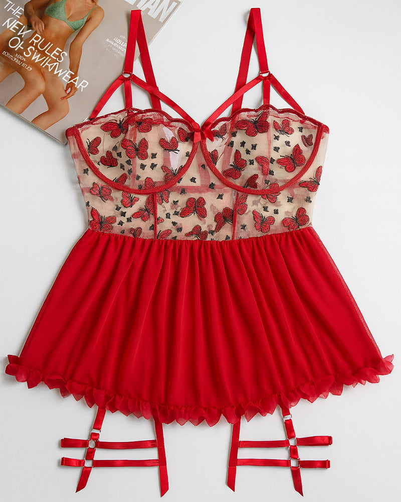 Plus Size Butterfly Print Mesh Babydoll Set with Strappy Detail-Nightgown-Bellascena-bellascena