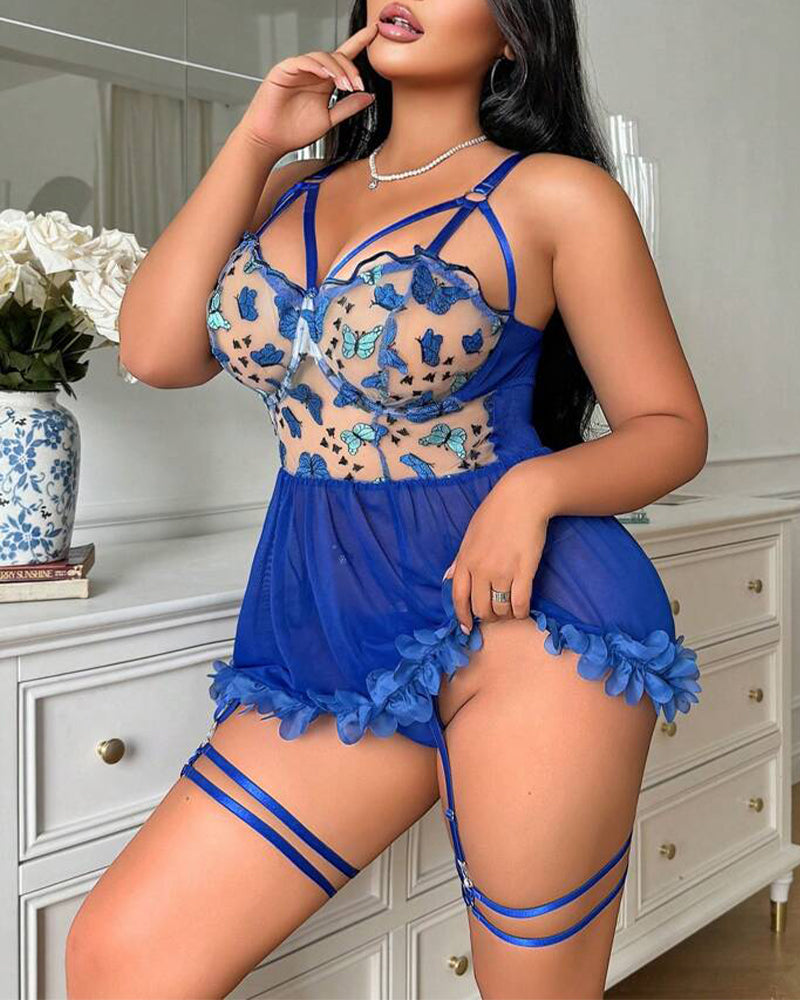 Plus Size Butterfly Print Mesh Babydoll Set with Strappy Detail-Nightgown-Bellascena-bellascena