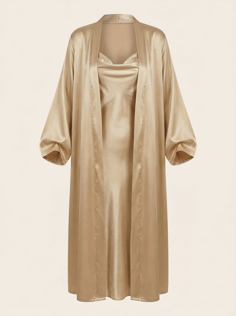 Plus Size Champagne Satin Nightgown with Elegant Robe-Nightgown-Bellascena-Champagne-XL-bellascena