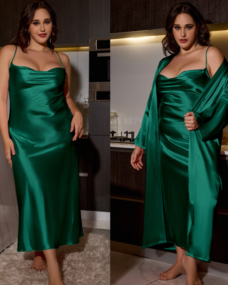 Plus Size Champagne Satin Nightgown with Elegant Robe-Nightgown-Bellascena-Dark Green-XL-bellascena